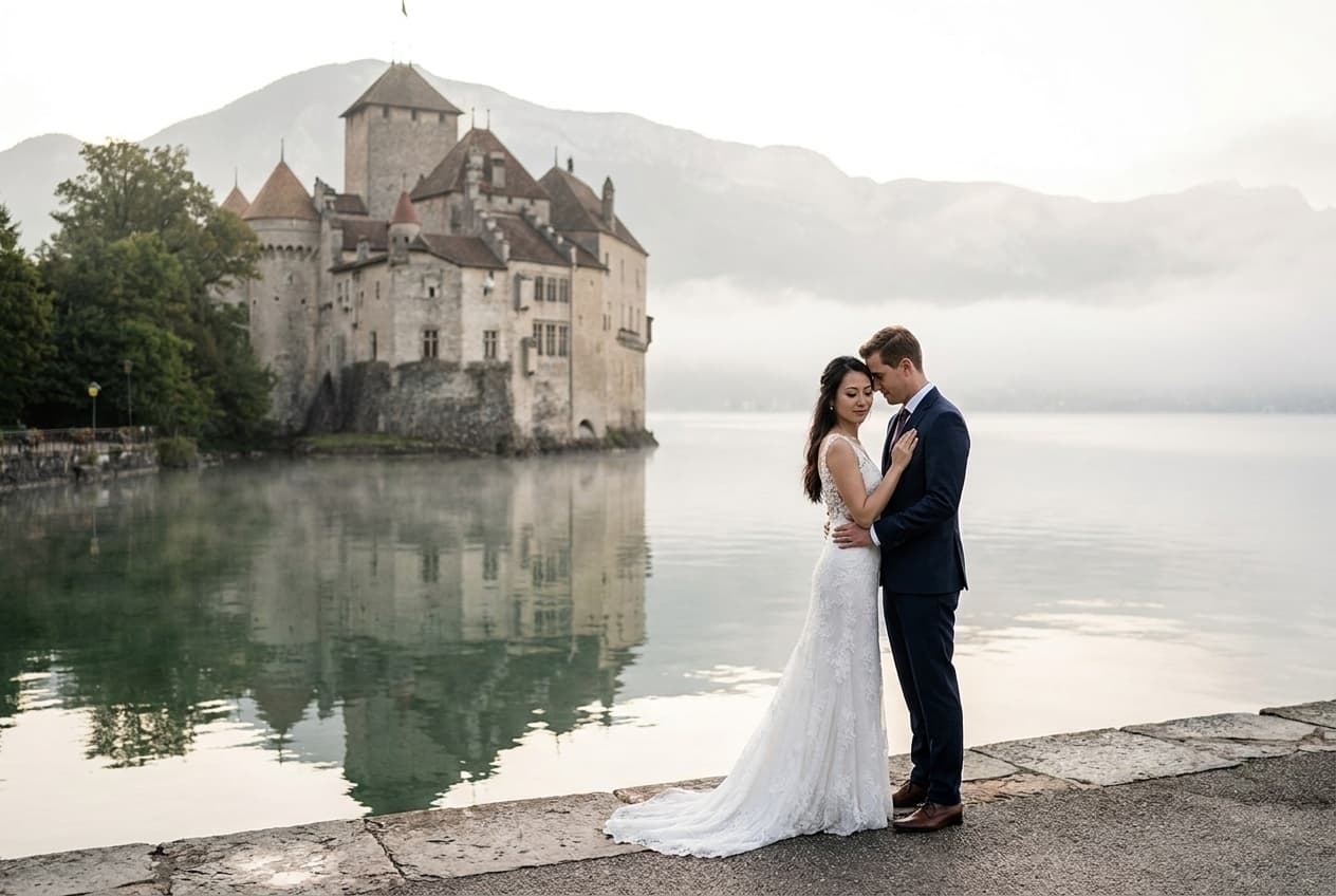 Photographe mariage Annecy — Couple Château d'Annecy reflet lac — Benjamin Pierre Photographie