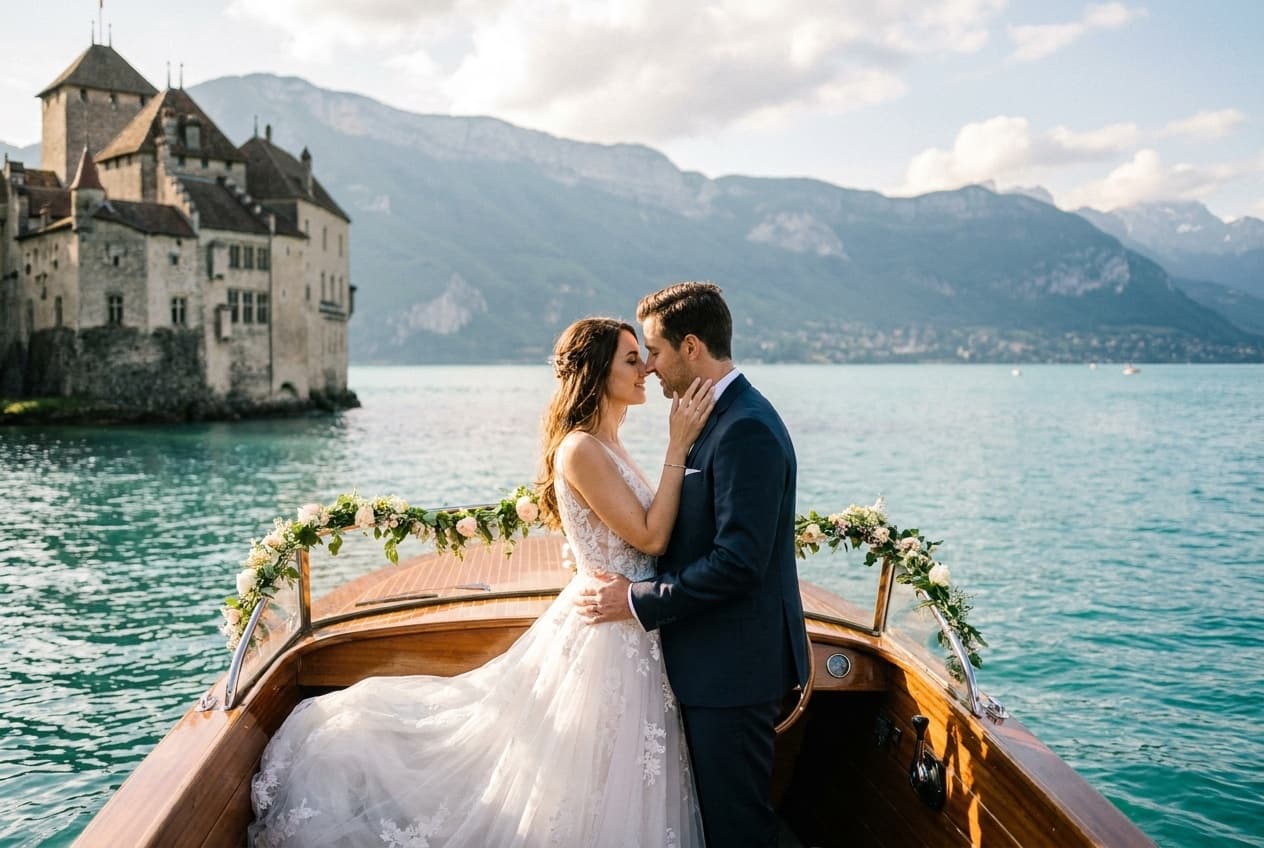 Photographe mariage Annecy — Couple bateau Lac d'Annecy Alpes — Benjamin Pierre