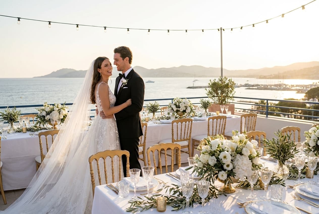 Photographe mariage luxe Cannes — Réception terrasse vue mer — Benjamin Pierre Photographie