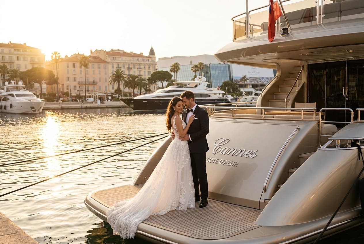Photographe mariage Cannes — Couple yacht port Méditerranée — Benjamin Pierre