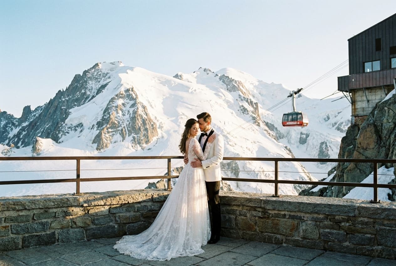 Photographe mariage Chamonix — Couple Aiguille du Midi vue Alpes — Benjamin Pierre Photographie