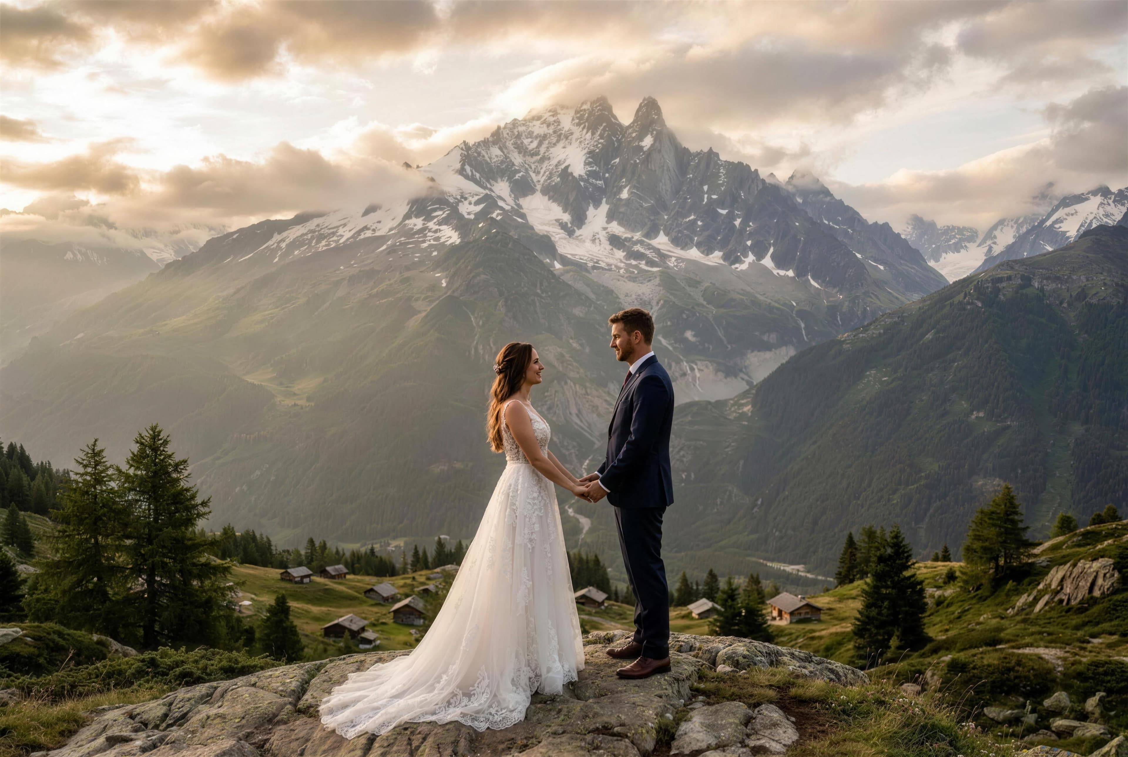 Elopement Suisse — Couple de mariés dans les Alpes face au Mont-Blanc — Benjamin Pierre Photographie