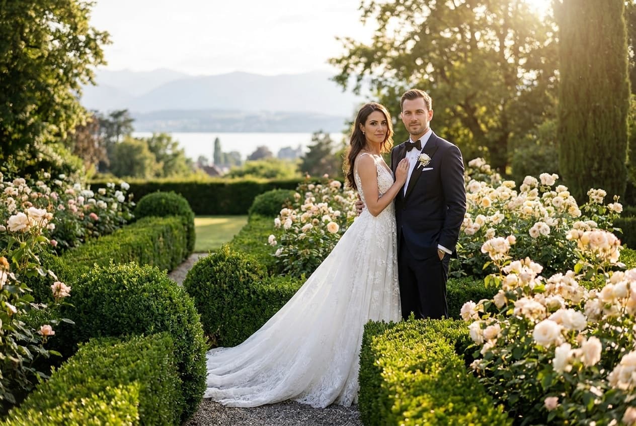 Photographe mariage Cologny — Portrait couple jardin villa Belle Époque — Benjamin Pierre Photographie