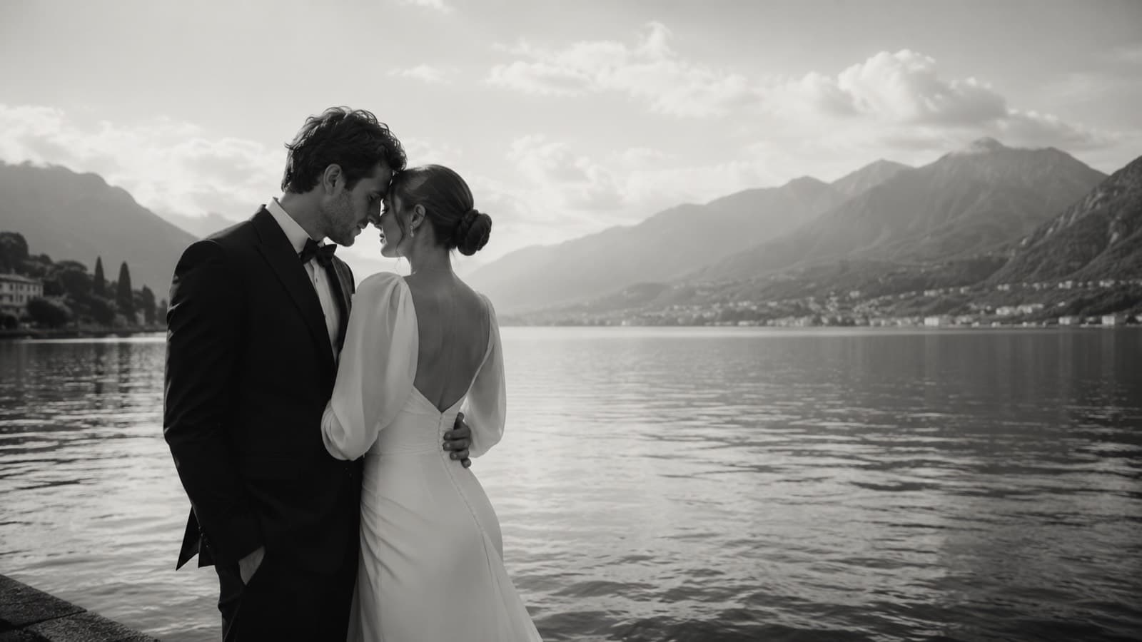 Portrait noir et blanc couple au bord du Lac Léman — Photographie mariage fine art Suisse