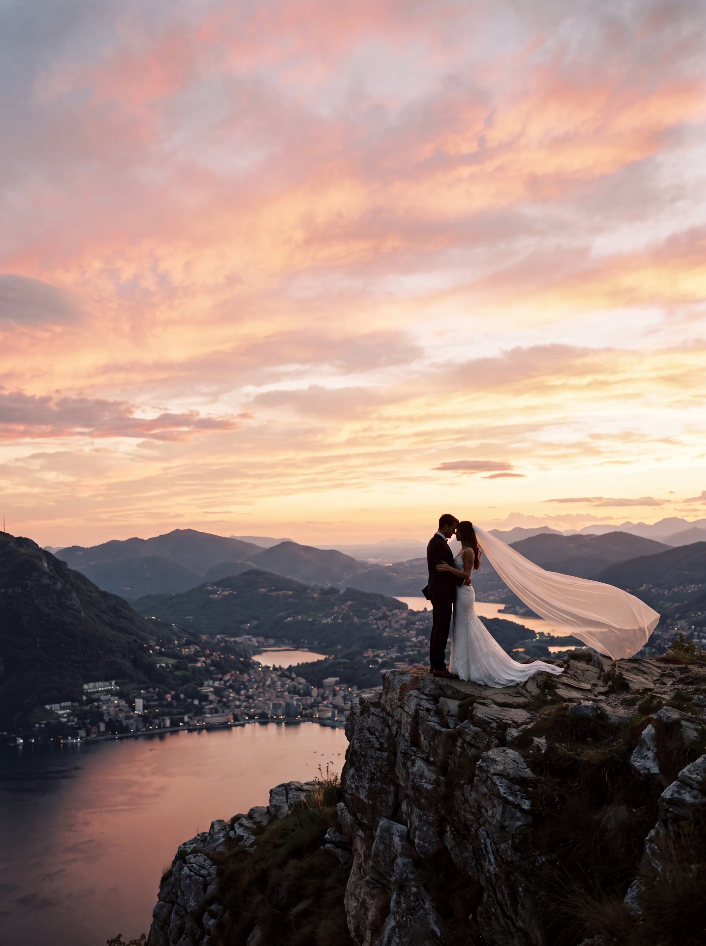 Photographe mariage Lugano — Couple coucher de soleil Monte Brè — Benjamin Pierre
