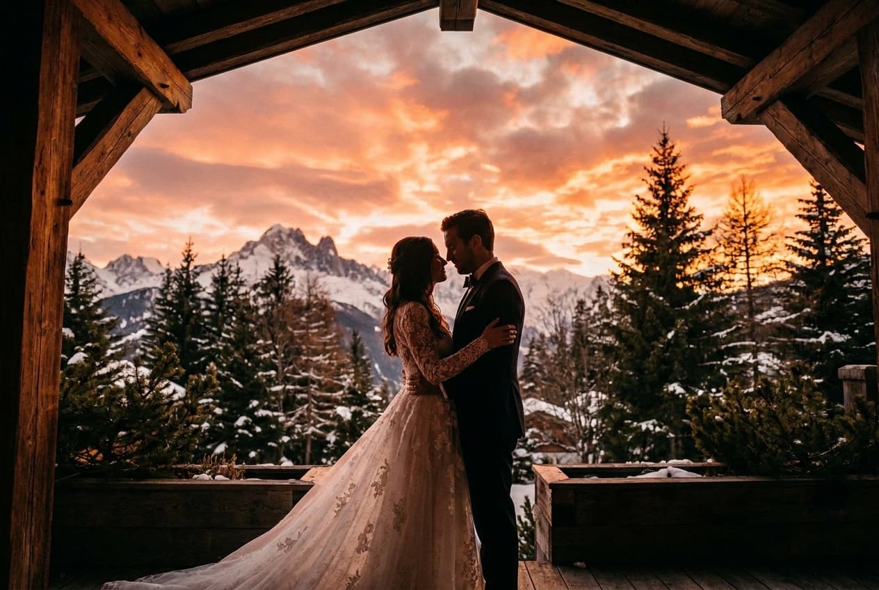 Photographe mariage Megève — Couple coucher de soleil Alpes Haute-Savoie — Benjamin Pierre