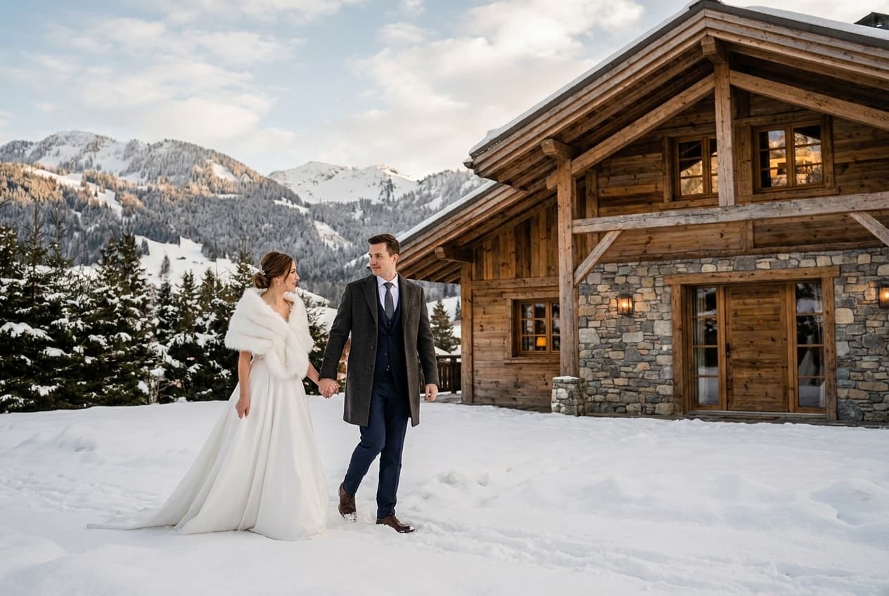 Photographe mariage Megève hiver neige — Couple chalet luxe Alpes — Benjamin Pierre