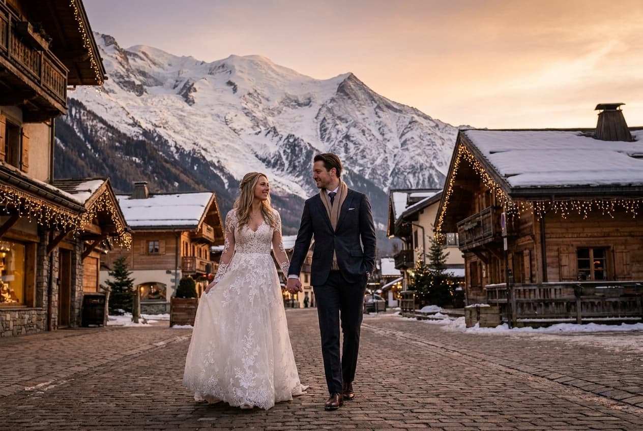Photographe mariage Megève — Village alpin et Mont Blanc