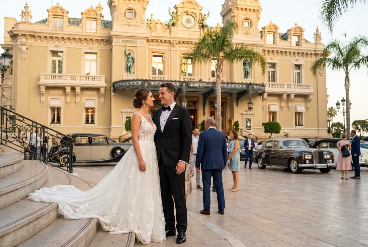 Photographe mariage Monaco — Couple Casino Monte-Carlo luxe — Benjamin Pierre