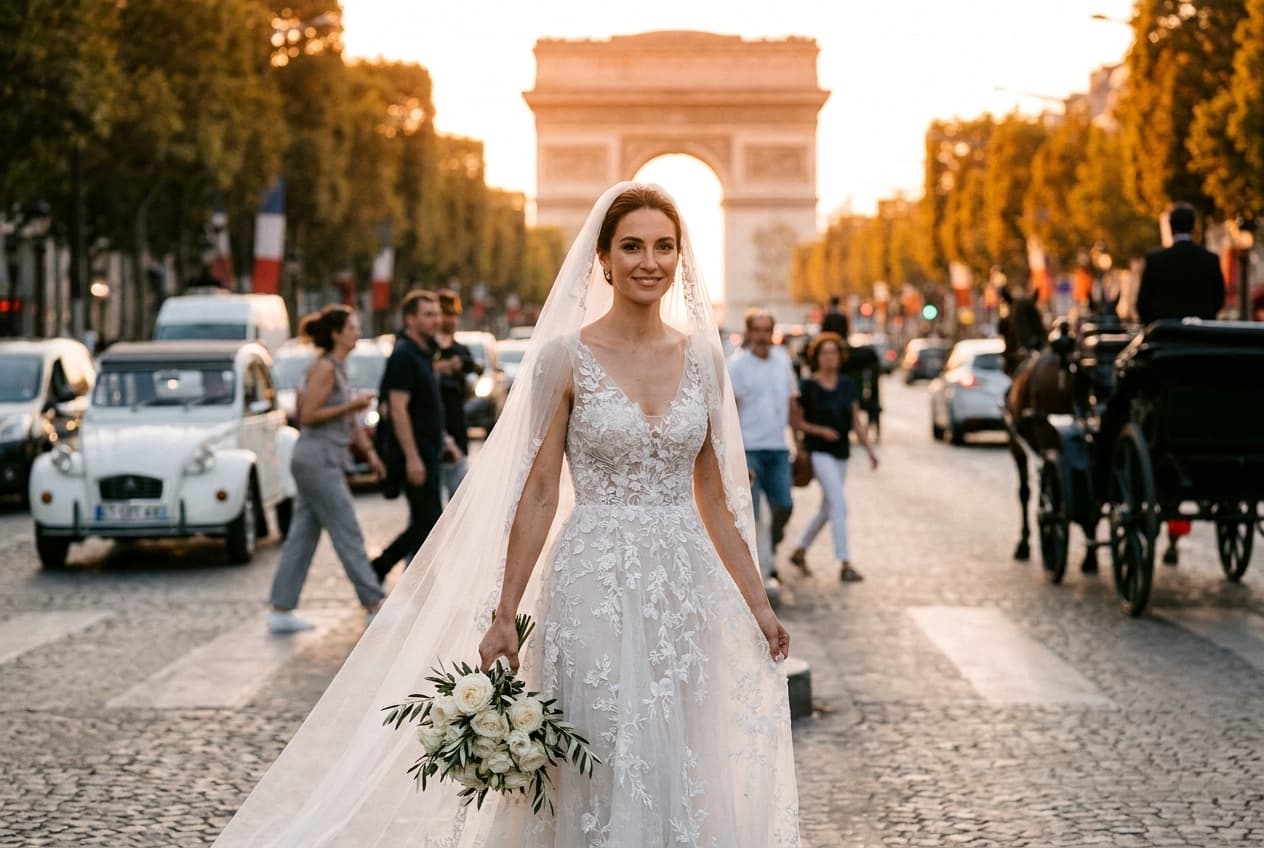Photographe mariage Paris — Couple Champs-Élysées Arc de Triomphe — Benjamin Pierre