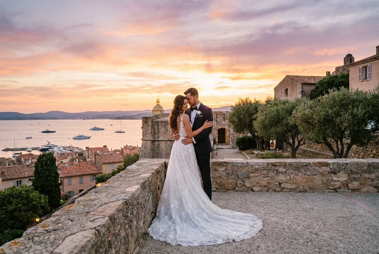 Photographe mariage Saint-Tropez — Couple citadelle vue mer Méditerranée — Benjamin Pierre