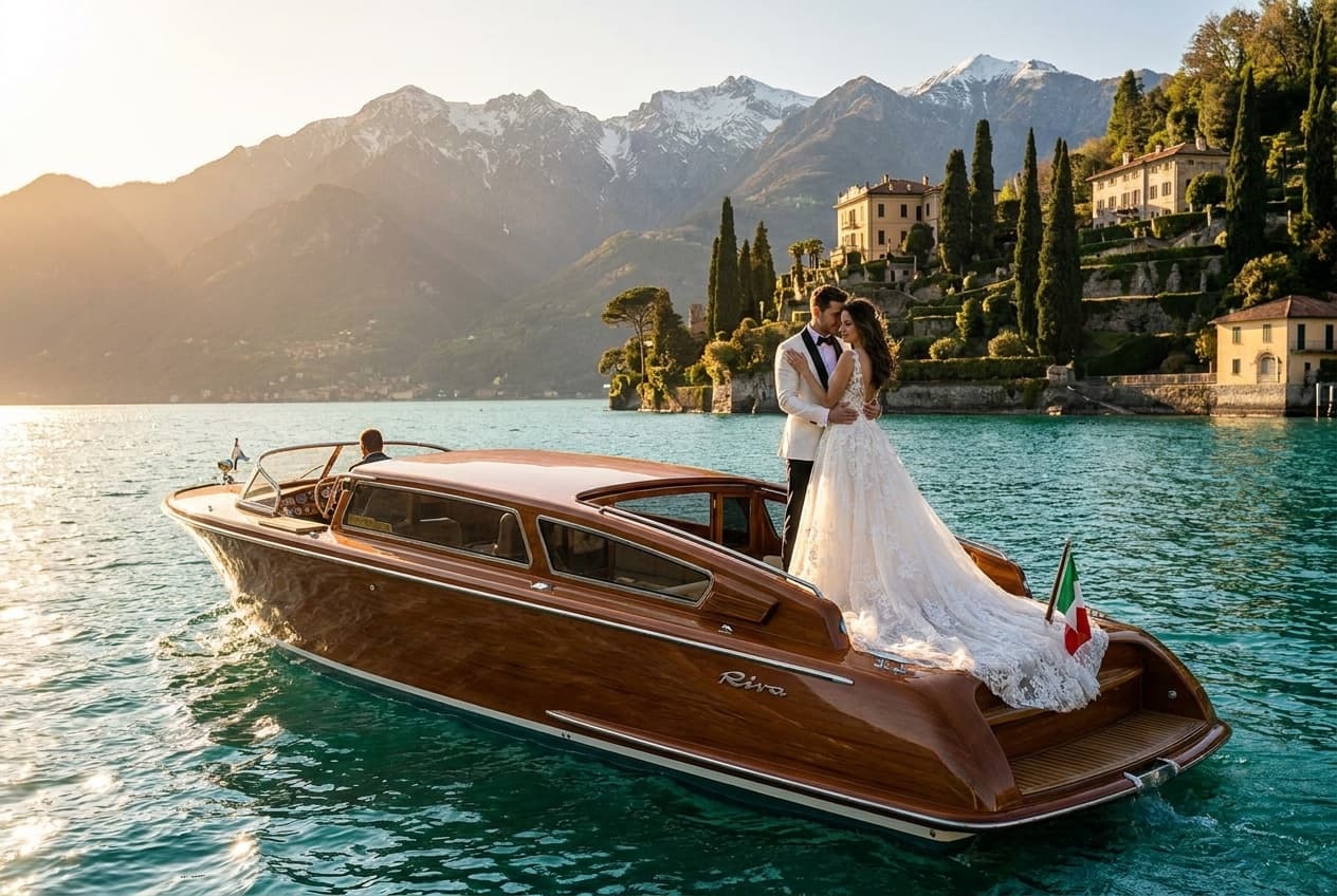 Photographe mariage Lac de Côme — Couple bateau Alpes en fond — Benjamin Pierre Photographie