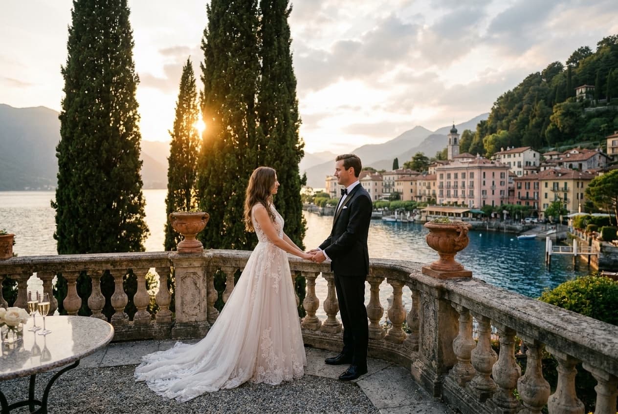 Photographe mariage Lac de Côme — Couple terrasse Bellagio — Benjamin Pierre