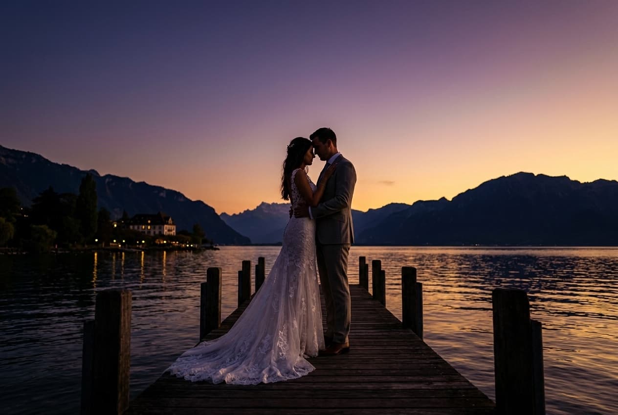 Photographe mariage Lac Léman — Couple ponton coucher de soleil — Benjamin Pierre Photographie