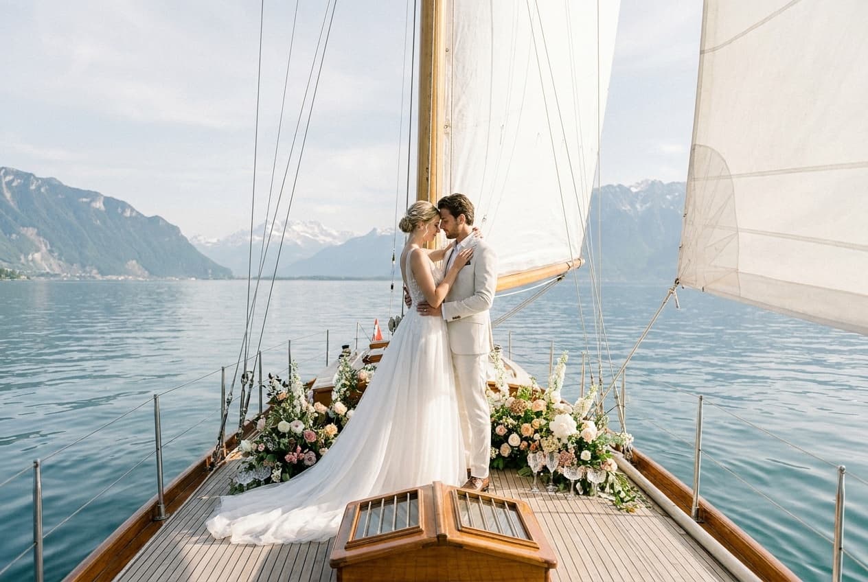Photographe mariage Lac Léman — Couple voilier Alpes fond — Benjamin Pierre