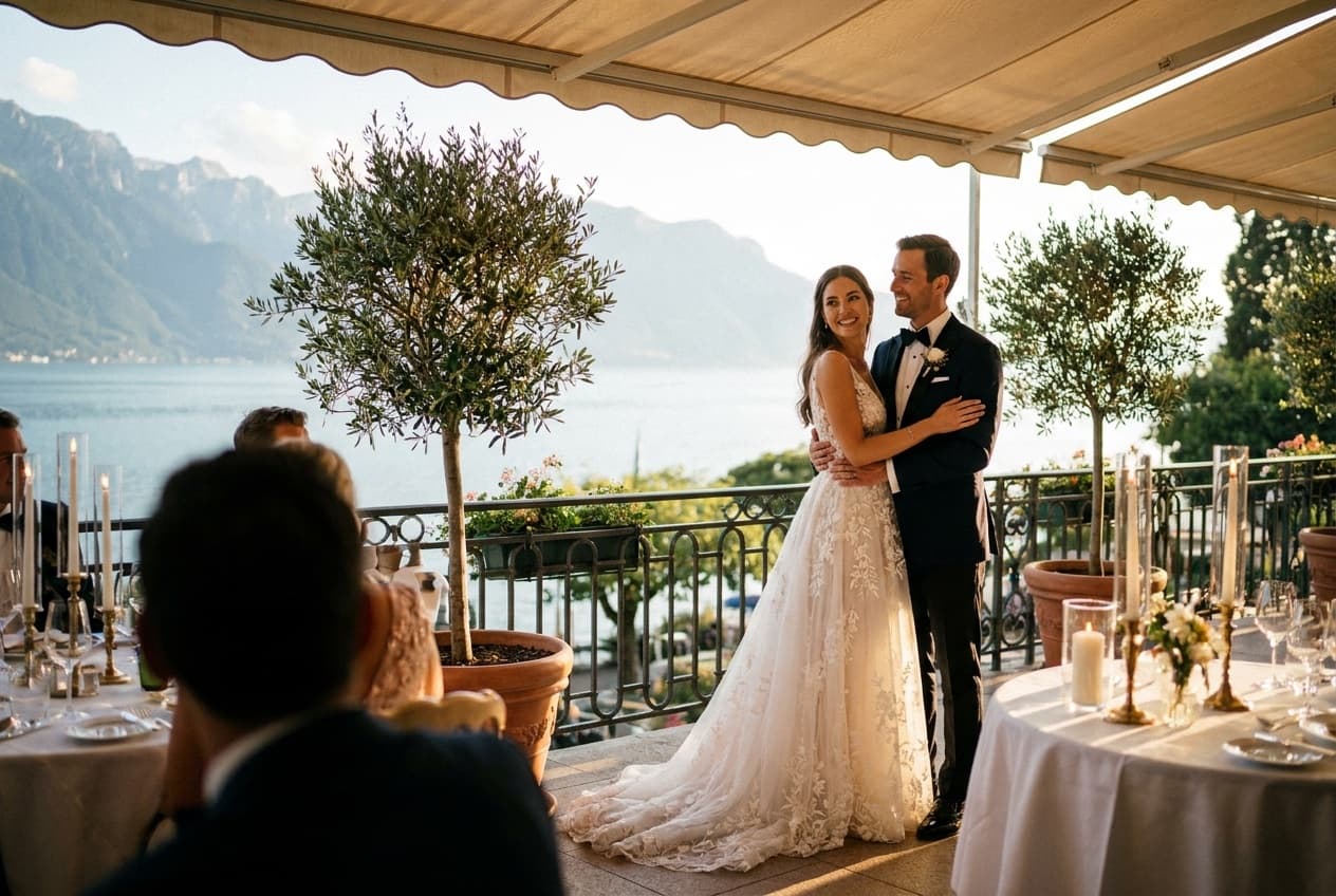 Photographe mariage Montreux — Couple terrasse hôtel vue Lac Léman — Benjamin Pierre Photographie