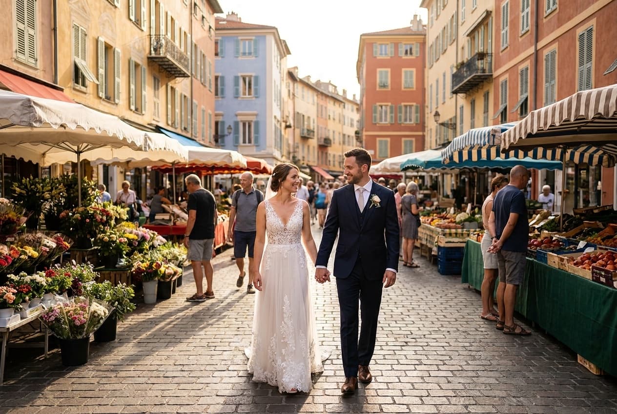 Photographe mariage Nice — Couple Vieille-Ville Cours Saleya — Benjamin Pierre