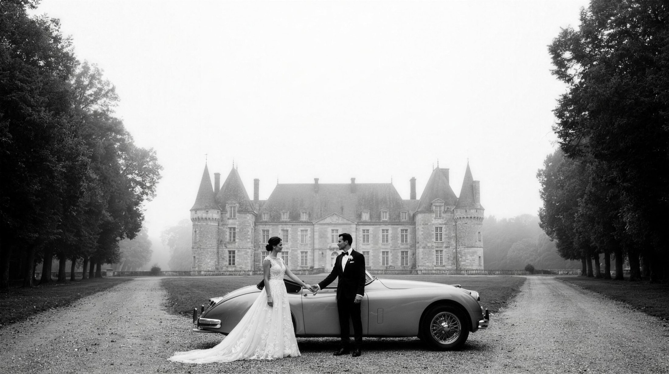 Photographe mariage luxe Genève — Hero maries jaguar chateau — Benjamin Pierre